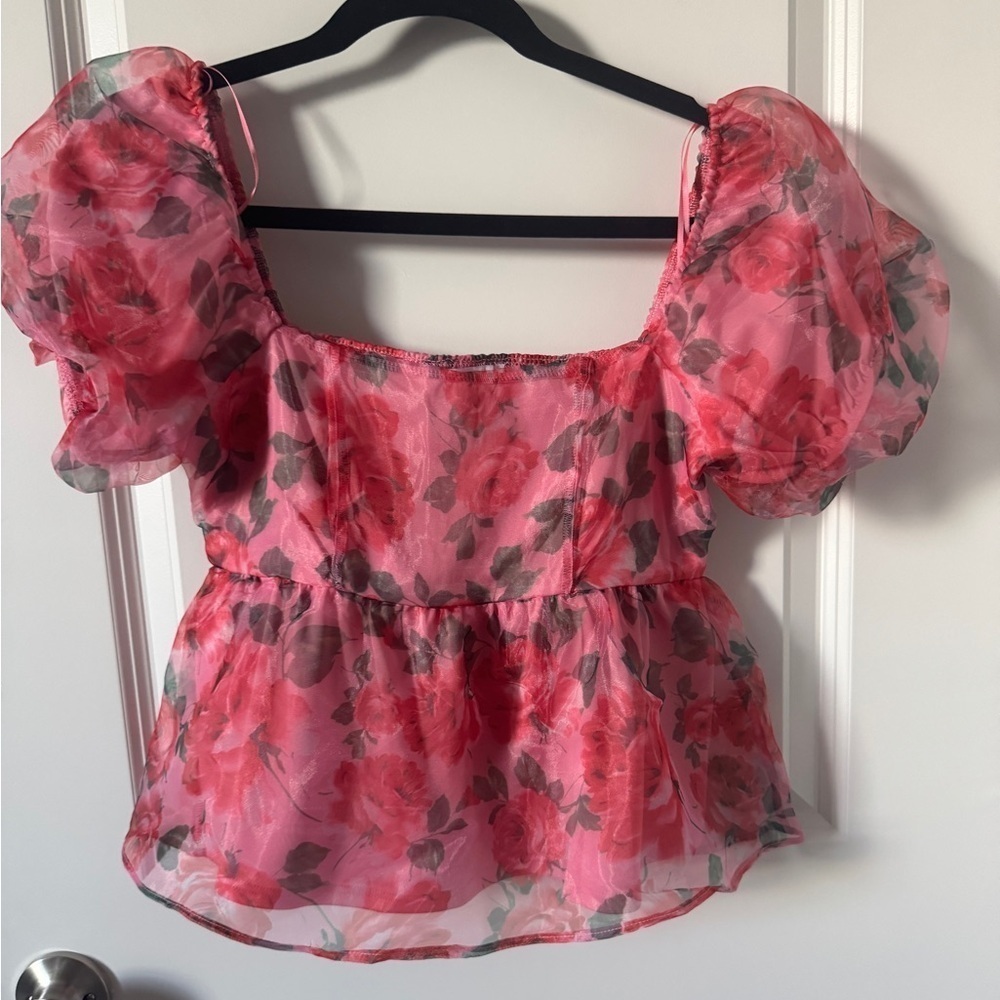 Floral Pink Sheer Puff Sleeve Top Size Medium